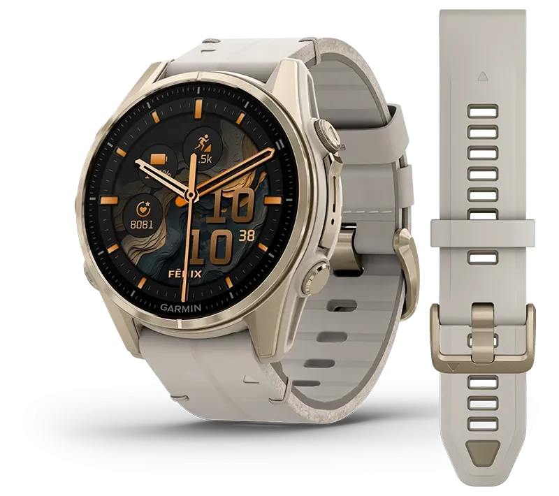 fenix 8 43mm,AMOLED,Saph,SftGldSS/FogGryLeatherBnd,Excl,EMEA