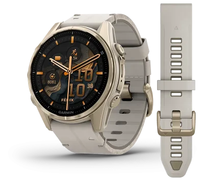 fenix 8 43mm,AMOLED,Saph,SftGldSS/FogGryLeatherBnd,Excl,EMEA
