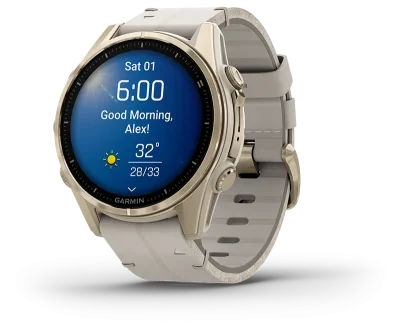 fenix 8 43mm,AMOLED,Saph,SftGldSS/FogGryLeatherBnd,Excl,EMEA