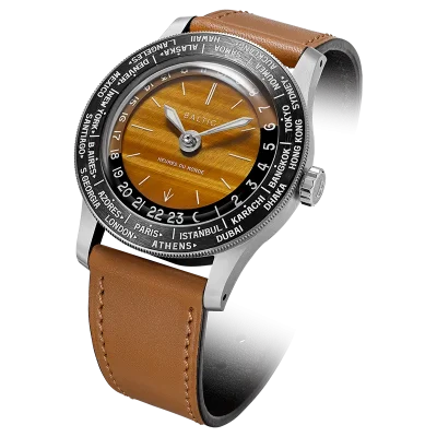 Heures du Monde - Worldtimer -Tiger Eye - Pressed StrapCognac